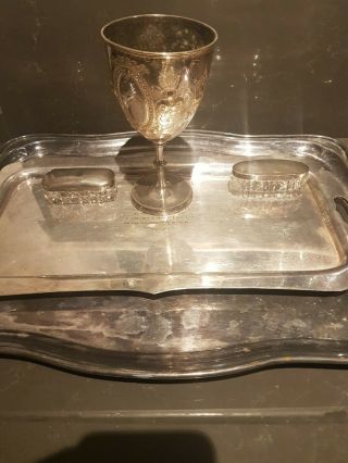 Antique Silver Lidded Cut Crystal Pots,  Goblet And 2 Trays