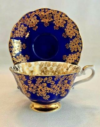 Royal Albert Bone China Tea Cup & Saucer Set Empress Series Cobalt Blue & Gold