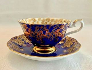 ROYAL ALBERT Bone China TEA CUP & SAUCER SET Empress Series COBALT BLUE & GOLD 2