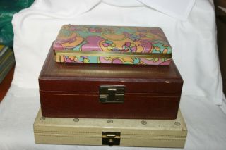 3 Vintage Mele Jewelry Boxes White Gold Trim Burgundy Slide Outs Ring Box Key