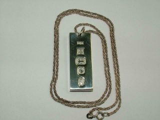 Immaculate 1oz Large Ingot Pendant & Chain 1977 Solid Sterling Silver Hallmarked