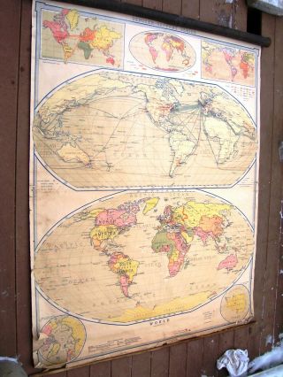 Vtg 1927 Map Of The World Pull Down School Classroom Denoyer Geppert Antique