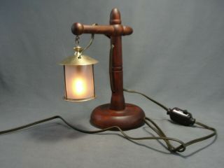 Small Antique Arts & Crafts Mission Table Lamp Brass Lantern Rewired Maple
