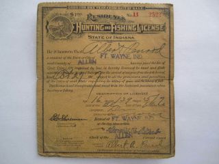 Antique Vintage 1917 Indiana Hunting And Fishing License