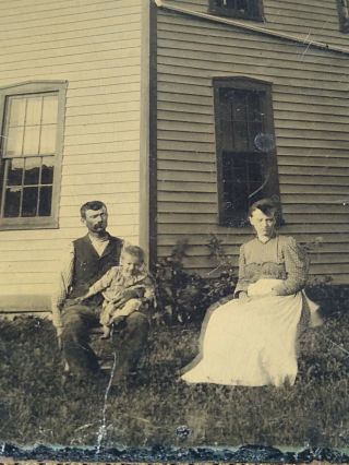 Antique Daguerreotype Of Man And Wife And Child From Late 1800s In Front Of Farm