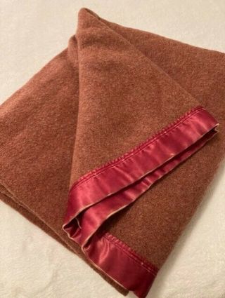 Vintage Kenwood Wool Blanket Satin Trim Light Cranberry Ram Crest Label