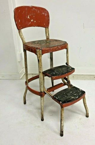 Vintage Cosco Step Stool Metal Industrial Folding Steel Chair Retro Bar Red 50s