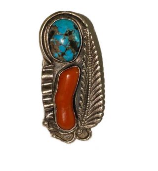 Vintage Red Coral Turquoise Native American Navajo Feather Ring