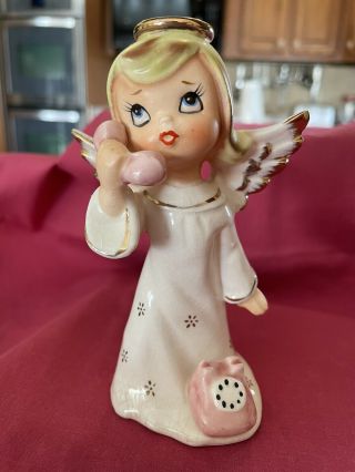 Vtg Napcoware Angel Figurine Using Telephone