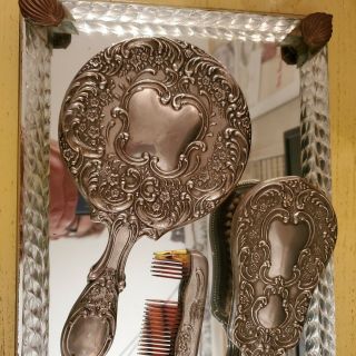 Antique Ornate Silver Plated Vanity Set - Hand Mirror - Brush - Comb And Tray 1800 