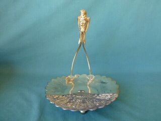 Antique Pairpoint Silver Plated Calling Card Tray With A Bird And A Fan 1423