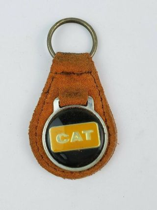 Vintage Caterpillar Cat Leather Keychain Key Ring Brown Leather