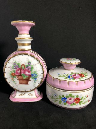 Antique French Porcelain Perfume/ Scent Bottle & Powder Jar Hand Painted 5m
