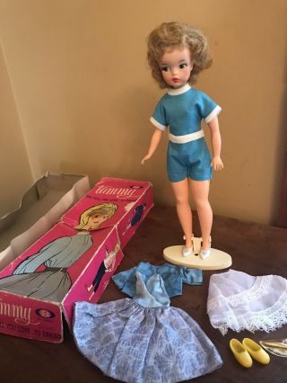 Vintage Ideal Tammy 12” Blonde Doll W/ Worn Box Outfit & Stand 9000 - 1 Blue Dress