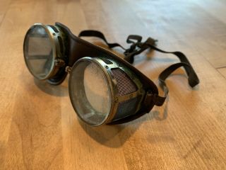 Antique Vtg Motorcycle Car Aviation Goggles W/ Leather Cycle Glasses