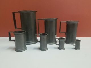 Antique 19th Century Set Of 7 Graduated Pewter Measuring Vessels Cups French