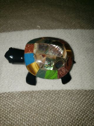 Vintage Hand Carved Black Onyx Turtle Figurine Gemstones Shell Abalone Pearl