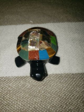 Vintage Hand Carved Black Onyx Turtle Figurine Gemstones Shell Abalone Pearl 2