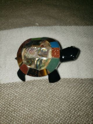 Vintage Hand Carved Black Onyx Turtle Figurine Gemstones Shell Abalone Pearl 3