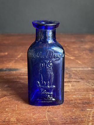 Small Antique Owl Drug Company Cobalt Blue Poison Bottle - 2 3/4 