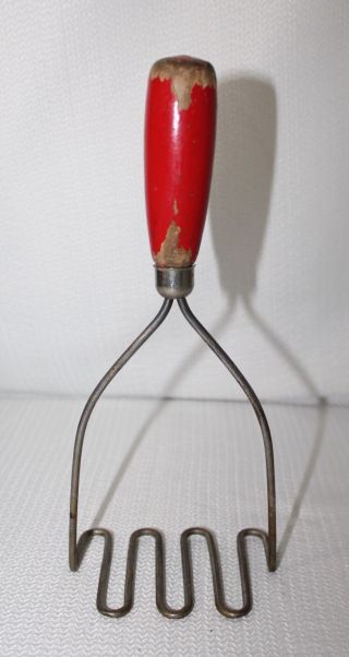 Vintage Red Wood Handle Stainless Potato Masher
