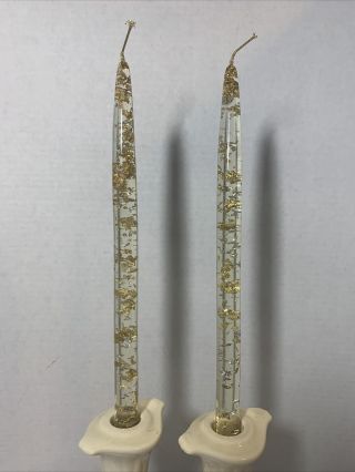 Vintage Decorative Lucite 11 1/2” Taper Candles With Gold And Silver Leaf Flecks