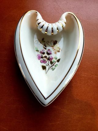 Vintage Zsolnay Hungary Hand Painted Heart Shaped Pin Tray Dish Embossed Floral