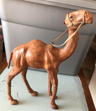 Large Vintage Leather Wrapped Camel Statue Figure Glass Eyes Display Nativity