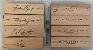 LOT Retired Stampin ' Up Rubber Stamp Sets Wood Vintage Sayings Hearts Friends 2