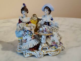 Antique German Dresden Porcelain Seated Ladies At Tea Time