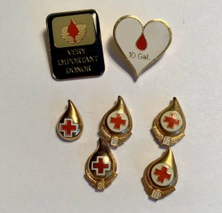 (7) Red Cross Blood Donor Gallon Pins 2,  6,  7,  8 And Others Vintage Pins Set