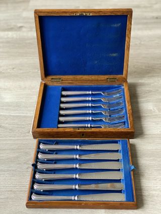 Vintage Silver Plate Fish Knives And Forks Wooden Box Elkington & Co.  B’ham ‘wh’