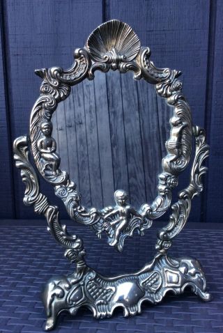 Victorian French Shell Ornate Brass Figural Cherub Vanity Table Mirror Swivel