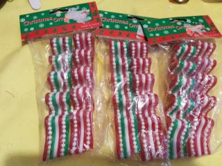 In Package 6 Vintage Candy Ribbon Christmas Ornaments Red White Green Euc
