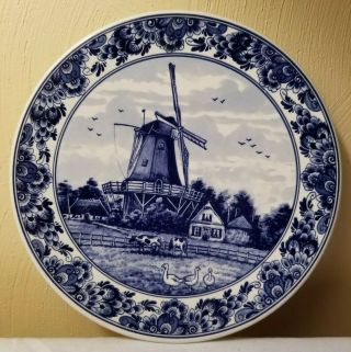 Vintage Hand Painted Delft Blue Windmill Plate Made In Holland 3720gk