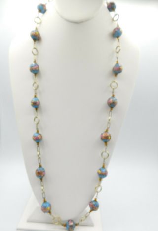 Vtg Murano Wedding Cake Venetian Art Glass Bead Necklace Pink Blue Gold 34 "