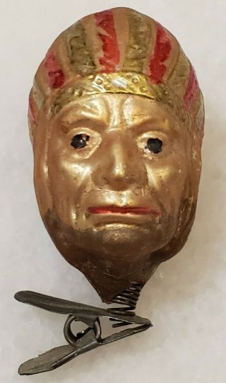 Antique Native Indian Chief Head Glass Clip On Christmas Ornament German Figural