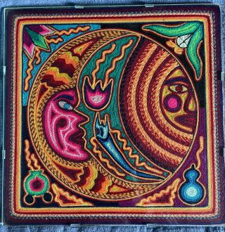 Sun And Moon Eclipse Vintage Huichol Yarn Painting 12 " X 12 "