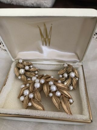 Vintage Trifari Signed Faux Pearl Brooch Pin and Clip - on Earrings Set 2