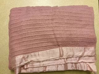 Vtg King Sized Blanket Acrylic Satin Trim Waffle Weave Pink Mauve 90 X 105 Usa