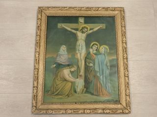 Antique Framed Print Of Jesus On The Cross With Mother Mary Praying 20 " X 24 "