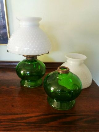 Vintage Green Glass Oil Lamps With White Hobnail Shades