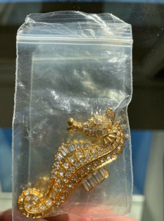 Vtg Nolan Miller Seahorse Brooch Gold Tone Pin Rhinestones Stunning Euc