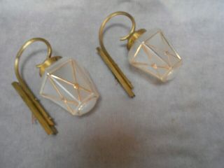 1940s Vintage Pair French Brass & Glass Wall Light Sconces