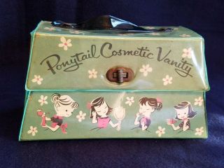 Vintage Green Vinyl Travel Bag Makeup Case Girls Ponytail Vanity Cosmetic Purse