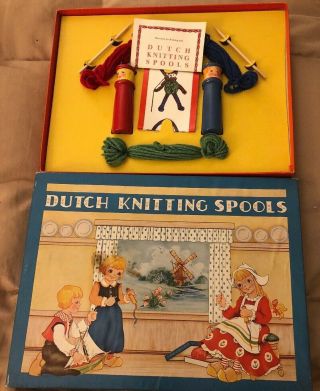 Vintage Wood Lady Dutch Knitting Doll Spools Loom Tool Yarn W/ Box Instructions