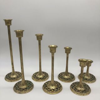 Set Of 7 Solid Brass Taper Holders Graduated Candlesticks Taiwan Vintage