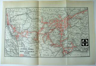 Atchison,  Topeka & Santa Fe Railroad - 1922 System Map.  Vintage