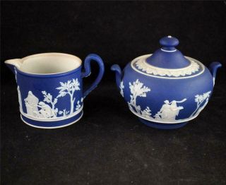 Antique Wedgwood Dark Blue Dip Jasperware Milk Jug & Lidded Sugar Bowl