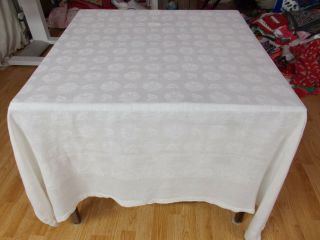 54x75 Vtg Antique White Irish Linen Damask Hemstitched Tablecloth